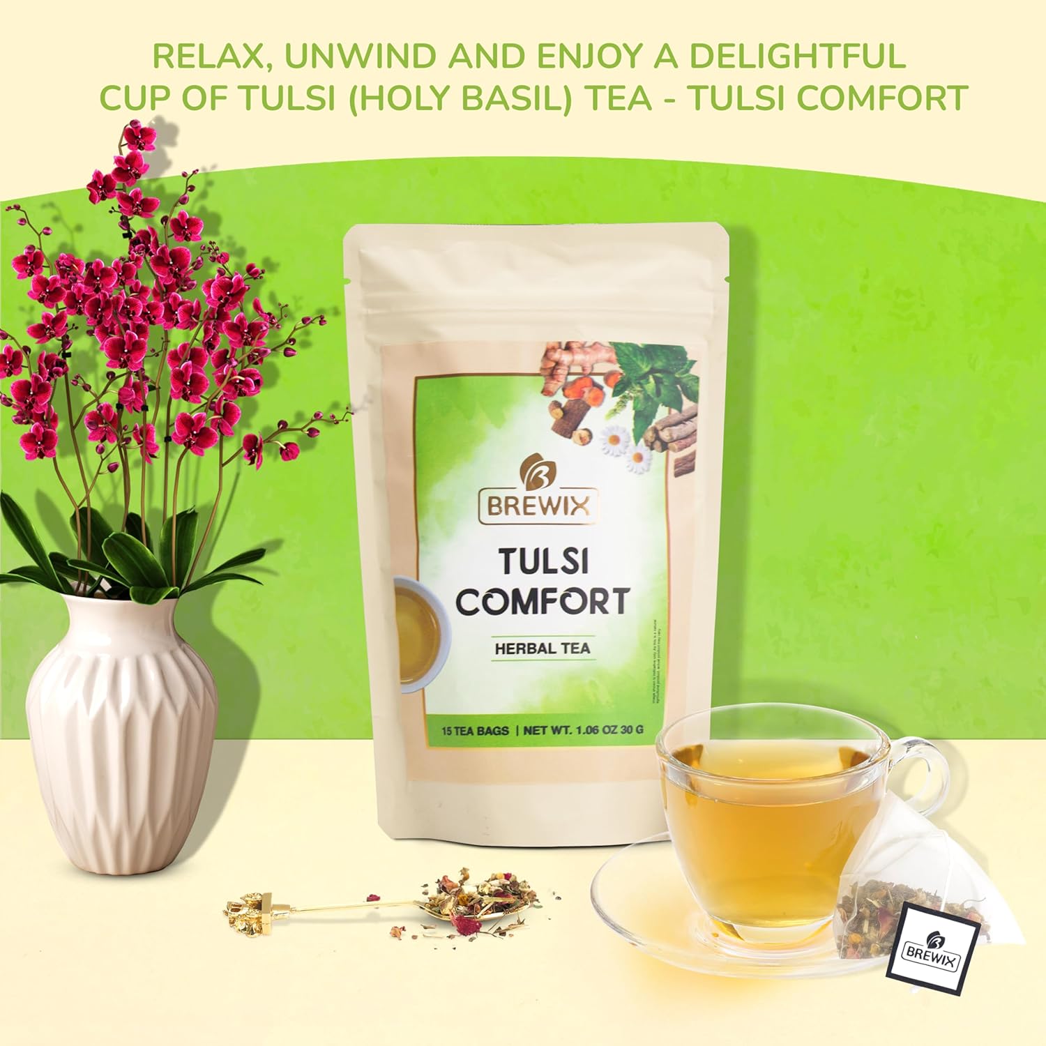 BREWIX Holy Basil Tea Bags (15 Pyramid Tea Bags) | Tee With Tulsi Leaves and Chamomile | Caffeine Free, Calming Herbal Tea With Fresh and Cool Flavor