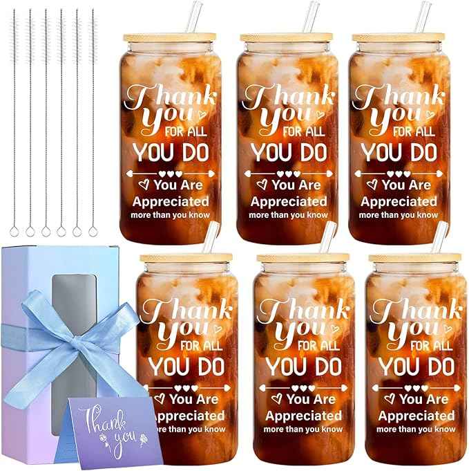 6 Set Employee Appreciation Gifts Bulk, Personalized Inspirational Thank You Gifts for Christmas Staff Coworker 16 oz Can Shaped Beer Glass Cups, Gift Box and Card for Team Women Men Teacher