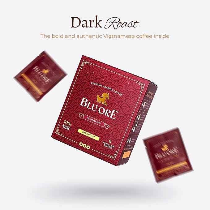 Blu Ore Premium Vietnamese Coffee - Single Serve Pour Over (8 Pack) - 100% Arabica Drip Bag Coffee, Eco-Friendly Filter, Travel Friendly, No Preservatives - Dark Roast (8 pack, Dark Roast)