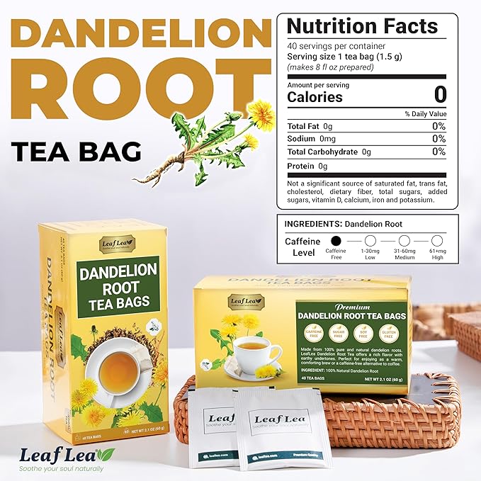 LeafLea Dandelion Root Tea Bags, 240 Count, Natural Dandelion Herbal Tea Blend, Natural Dried Dandelion Root, Caffeine-Free, Sugar-Free, Vegan, Sealed for Fresh Flavor, Pack of 6