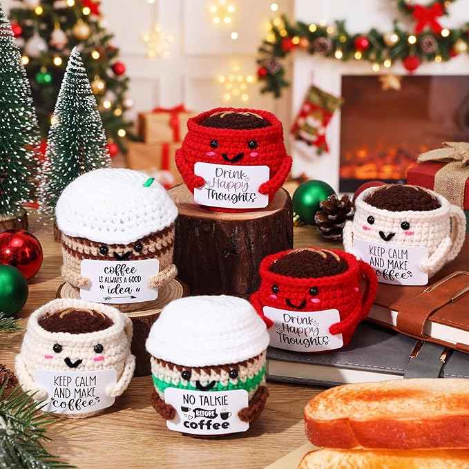 HyDren 12 Pcs Handmade Coffee Lovers Gifts Bulk Motivational Crochet Coffee Cup Plush Dolls with Positive Quotes for Women Men Coworkers Friend Office Home Desk Decor Birthday Holiday Party Favor