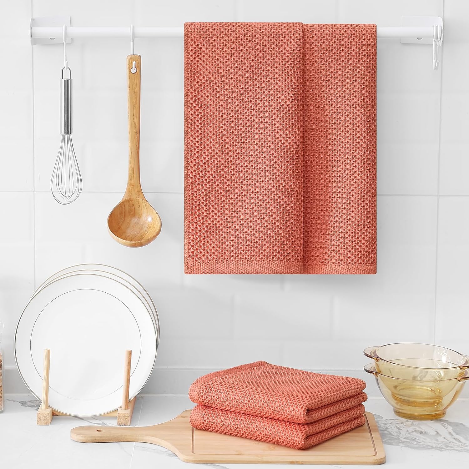 Kitinjoy 100% Cotton Waffle Weave Kitchen Towels, 8-Pack Super Soft and Absorbent Dish Towels for Drying Dishes, Kitchen Hand Towels, 13 in x 28 in, Coral