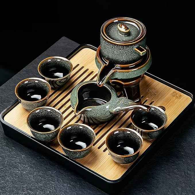 Lazy Tea Set, Automatic Stone Grinding Pot, GongFu Tea Set, Gift Box Suitable for Tea Ceremony Parties, Father's Day, Birthday and Christmas (Lazy Green)