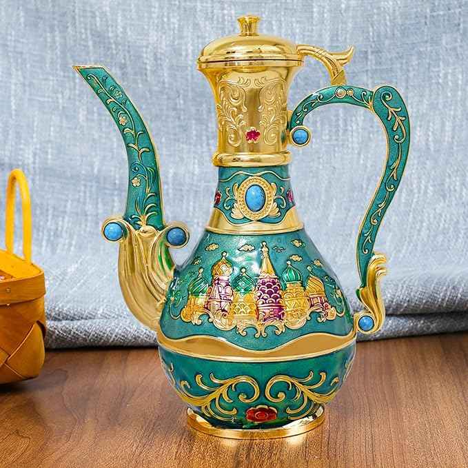 Vintage Turkish Coffee Pot Tea Pot Set,Crafts Teapot and Cup Set Including Tray and 6 Metal Cups,Tea Service Set for Tea Table Decor,Wedding Ornament (Green and Gold)