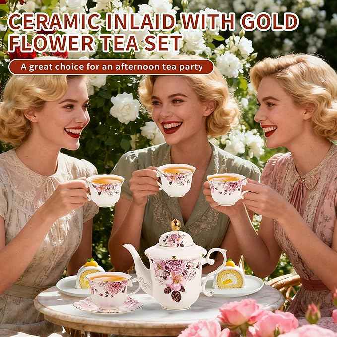 TATSUMI Country Roses Porcelain Tea Set, European Ceramic tea set for adults,Vintage Style, For Women and Tea Parties (Chocolate Red, 13 Pieces Set)