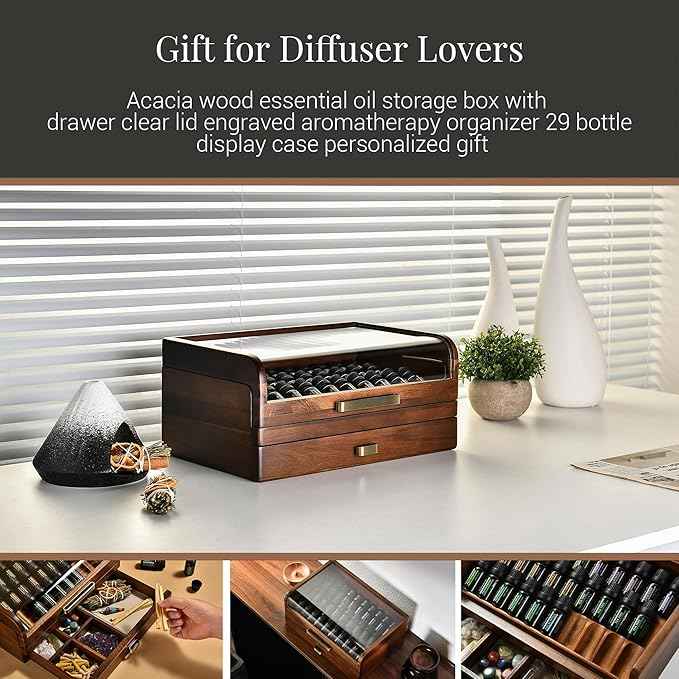 Shanik Acacia Wood Essential Oil Storage Box with Drawer & Clear Lid – Engraved Aromatherapy Organizer, 29 Bottle Display Case, Personalized Wooden Essential Oil Holder Gift for Women & Men