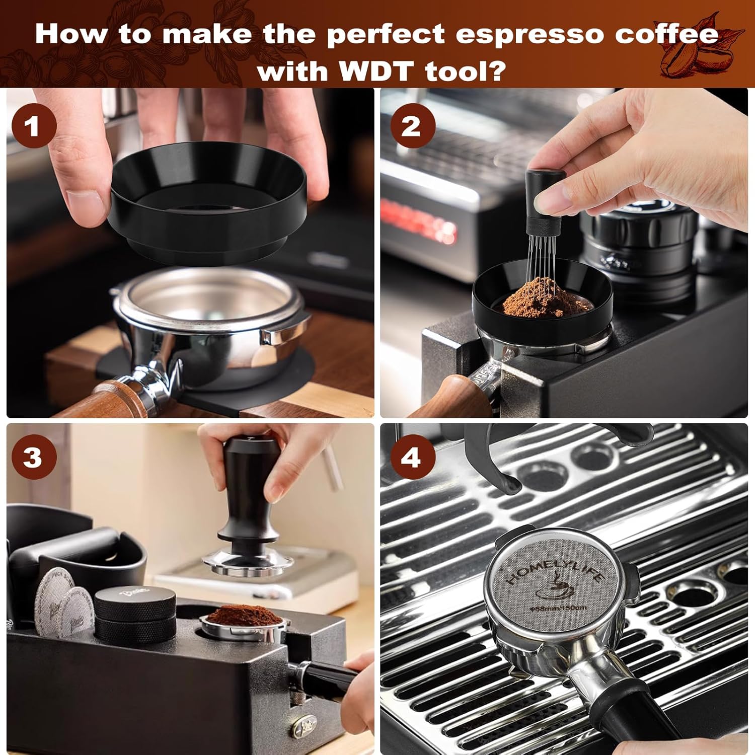 WDT Tools Espresso Puck Screen, 58mm Espresso Accessories Kit - 150μm Puck Screen Set, 0.25mm 316 Stainless Steel 8 Needles Coffee Distribution Stirrer, 58mm Portafilter Dosing Ring for Barista Black