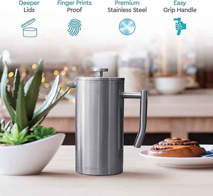 Belwares French Press Coffee Maker 50 oz - Large 304 Stainless Steel Double Wall Insulated Thermal Coffee Press for Home Kitchen, 4-Level Filtration with Extra Screens, Dishwasher Safe, 1.5L, Silver