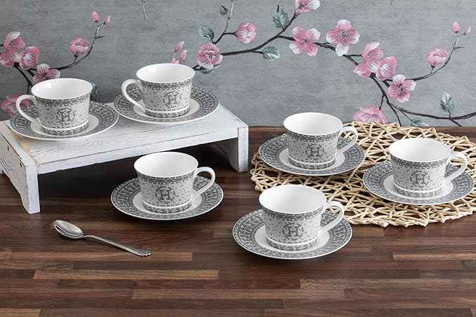 Porcelain Tea Set for 6 - Cups (6 oz) and Saucers - 12 Piece Tea Party Set for Black Tea, Cappuccino or Decor - Gorgeous Mosaic Design with Silver Accents - For All Occasions (12 Piece Set)