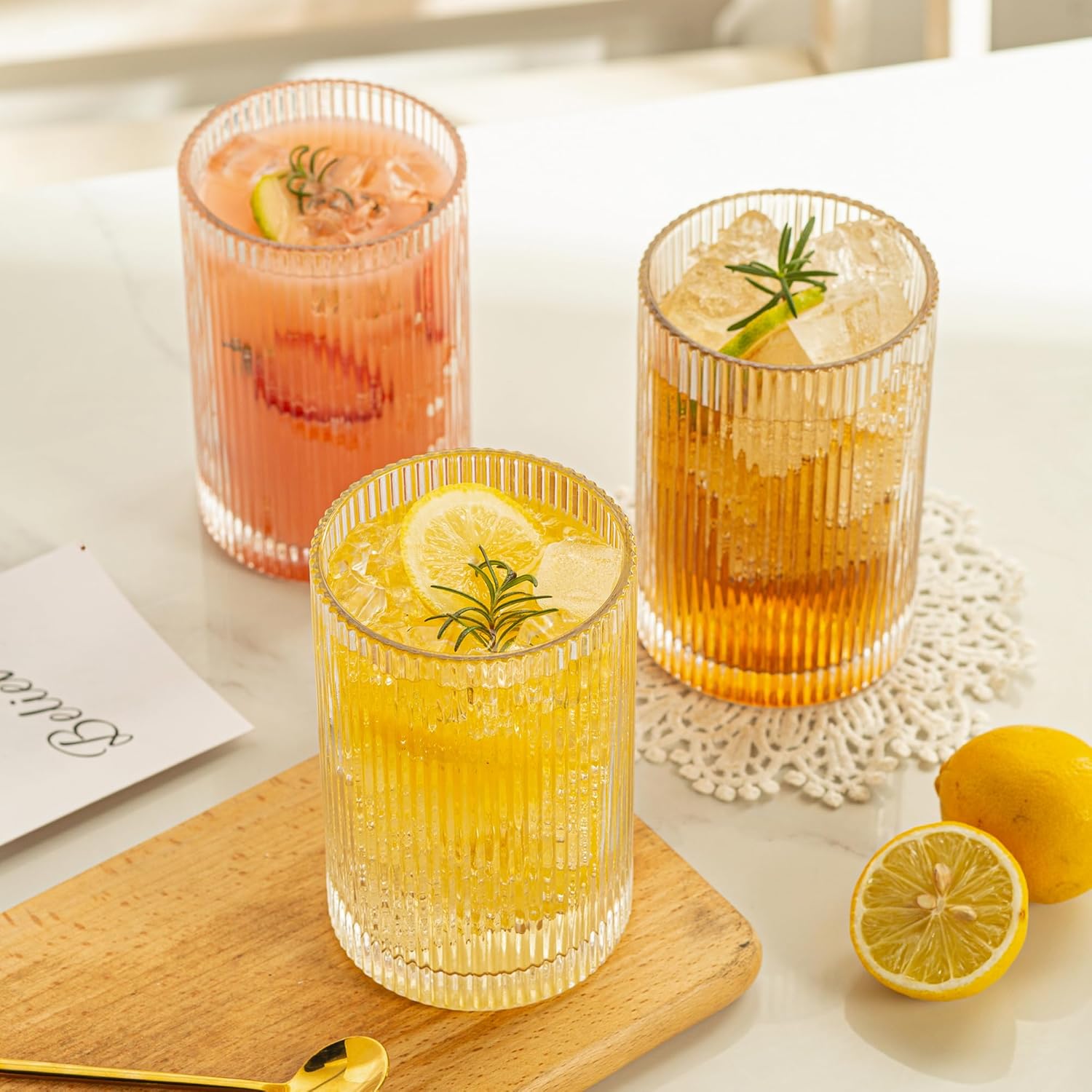 Vintage Ribbed Glassware Set: 6pcs 16.9oz XL Drinking Glasses, Fluted Ripple Drinkware, Origami Style, Elegant Glassware for Whiskey, Cocktail, Iced Coffee, Juice, Beer, Soda