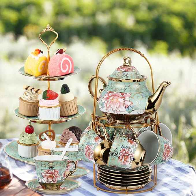 Maxcheck 21 Pcs Porcelain Tea Set for Women Tea Party with Metal Holder and 3 Tier Cake Stand Ceramic European Floral Teapot Set for Adults Mother's Day Christmas Thoughtful Gift(Fresh Style)