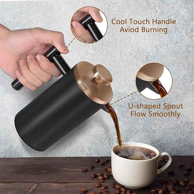 Black Mini French Press Coffee Maker 12oz, Single Cup French Press with Rose Gold Lid, 3 Extra Filters & 1 Gold Spoon(350ml Compact Travel Size) Dishwasher Safe