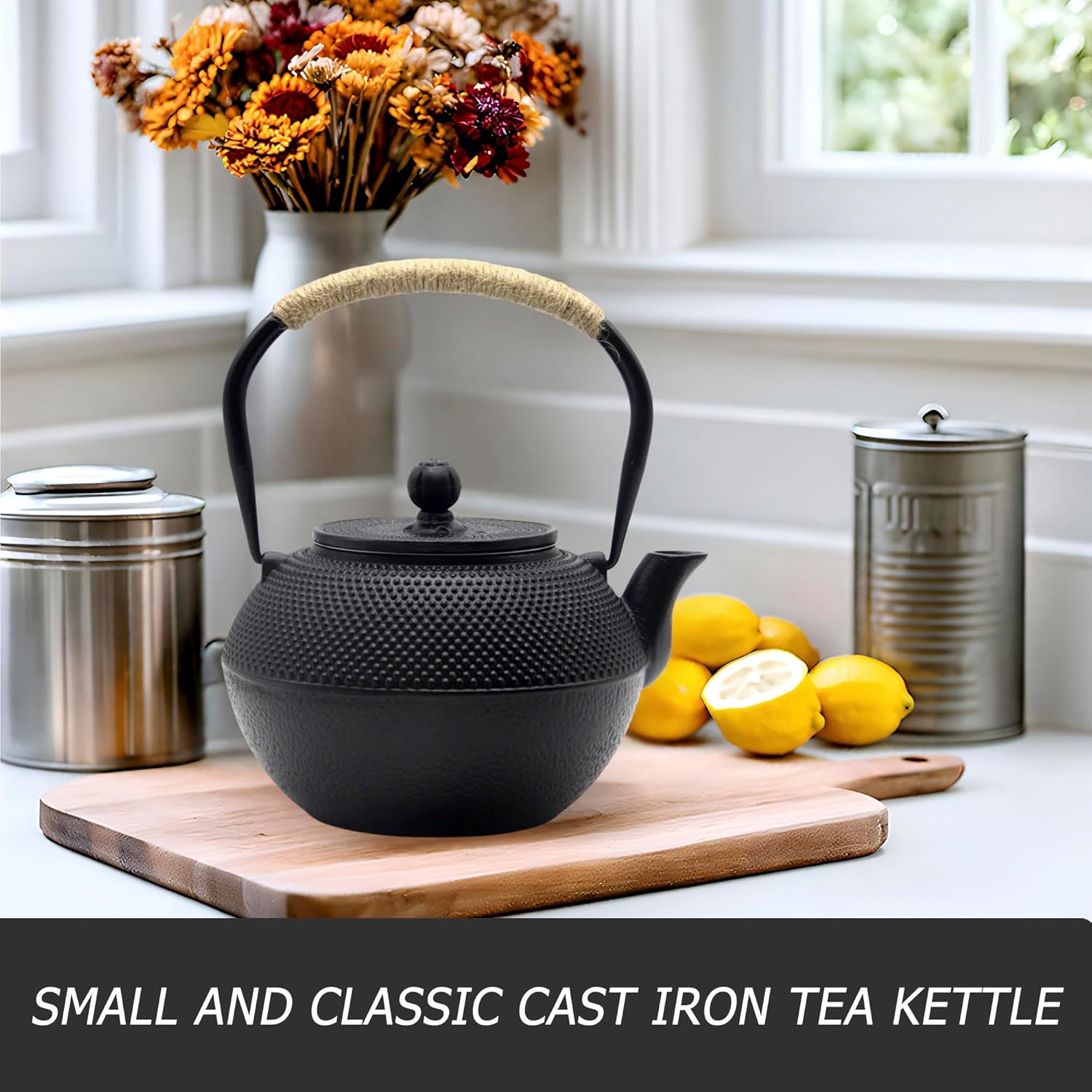 YJX Cast Iron Tea Pot Set, Japanese Tetsubin, 40.6oz Tea Kettle for Stovetop, Black Teapot with Stainless Steel Infuser for Loose Leaf Tea, 1200ml Small Asian Tea Set with Teacups