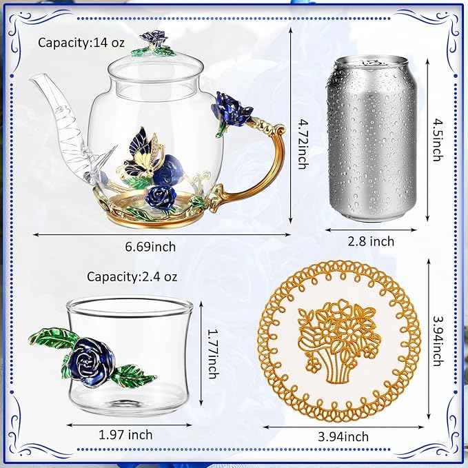7 Pcs Floral Glass Tea Set for Women 14 oz Butterfly Vintage Teapot Set for Adults Glass Tea Gift for Valentine Spring Party Mother's Day Girlfriend Fancy Pot Cups with Gift Box(Blue)