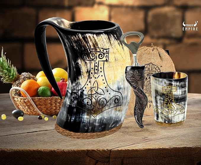 Viking OX Horn Mug,16–20oz (Worthy Mjolnir) Ox Horn Cup & Coffee Stein | Stylish & Handmade Present for Men and Women, Home Accessories | Shot Glasses for Mead, Ale, Whisky and Beer Cup…