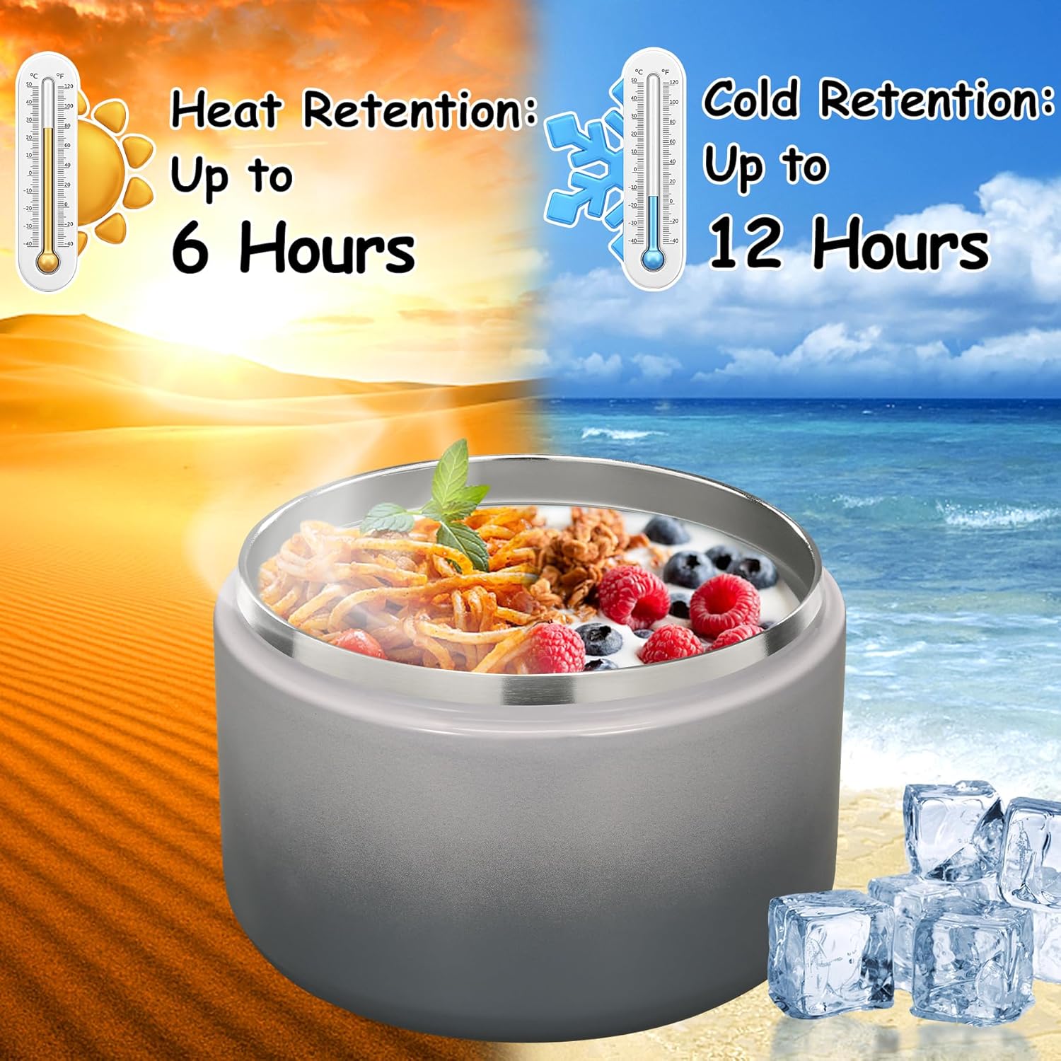 12oz Insulated Vacuum Food Jar with Buckle Lid Wide Mouth Soup Thermo for Hot Food Kids Leakproof Stainless Steel Lunch Container (Gradient Grey, 12OZ) - Blissbrew