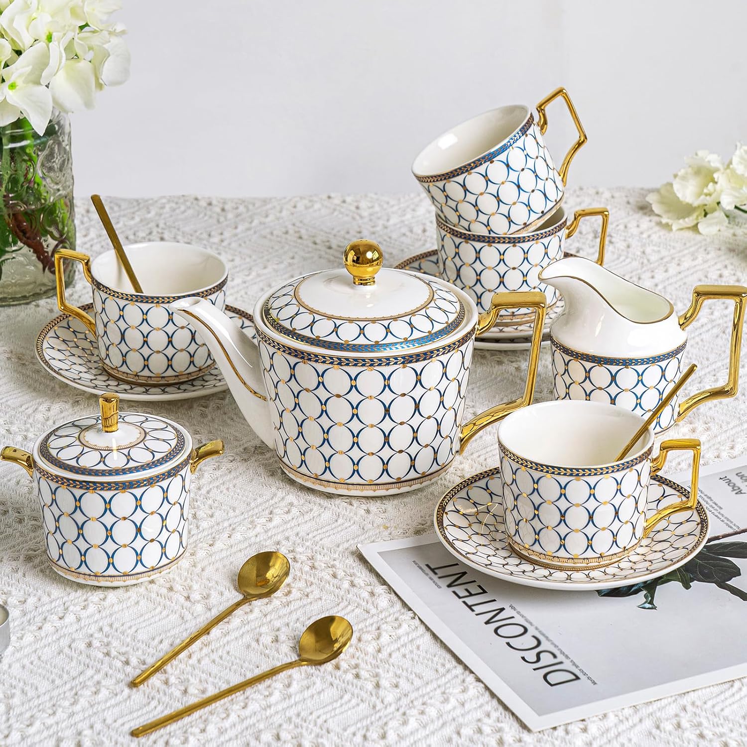 CwlwGO- Bone China Tea Cup Sets,15-Pieces Tea Cup and Saucer Set Service For 4 Whit 28 Ounces Teapot,Sugar Bowl,Creamer Pitcher and Spoons, Tea Gifts Sets For Women Patry.