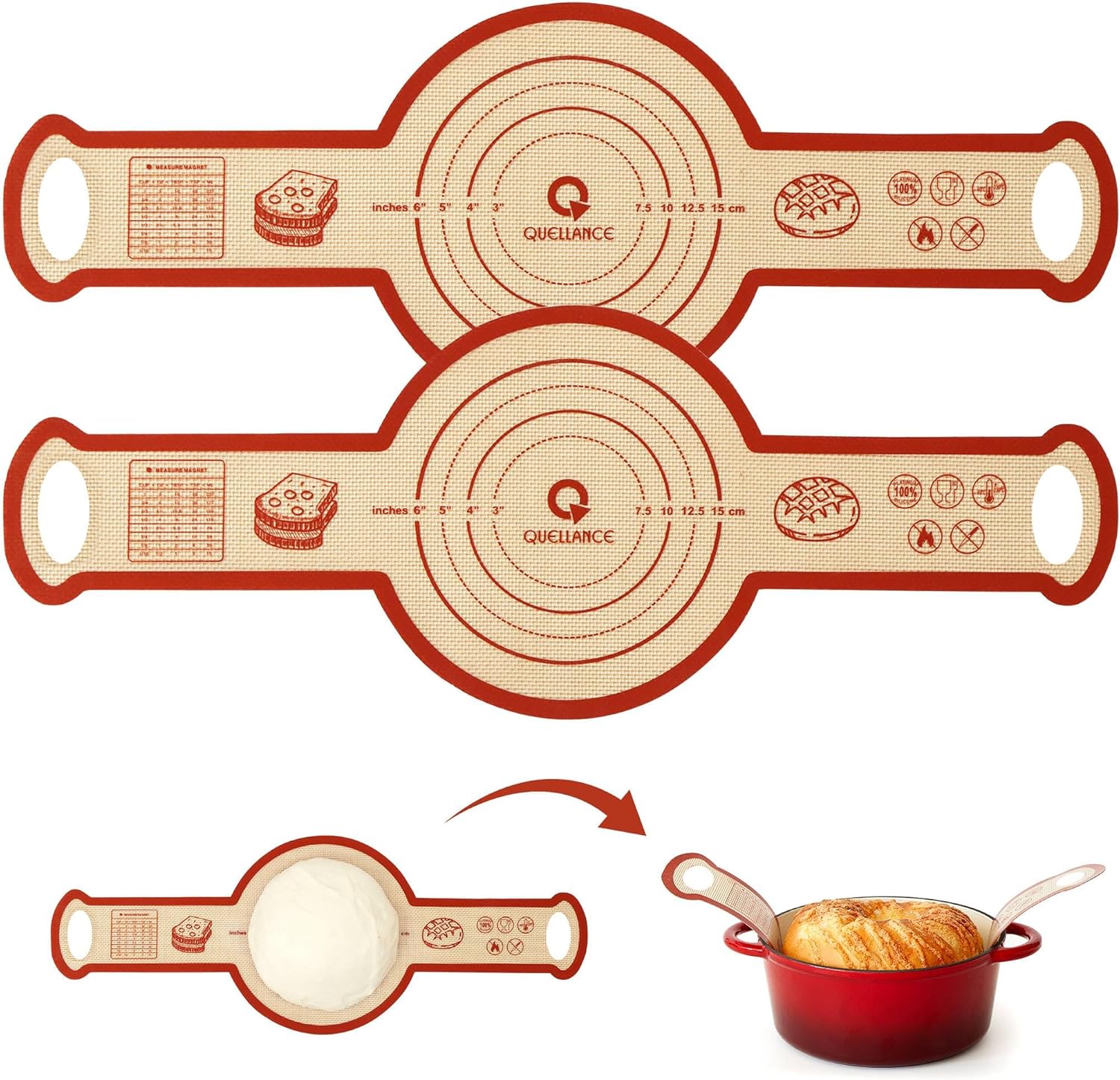 Silicone Sourdough Bread Sling Mat - 2Set Round Dough Baking Slings For Dutch Oven, NonStick High Degree Kitchen Sourbread Making Loaf Pan Lifter Liner, Reusable Cooking Transfer Mats with Long Handle