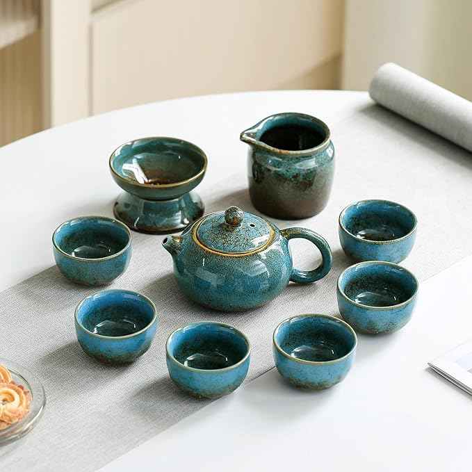 Chinese Tea Set, 10-Piece Ceramic Set with Teapot and Cups, Gongfu Tea Set,Tea Gift Sets,Outdoor and Office (Kiln-Changed Blue)