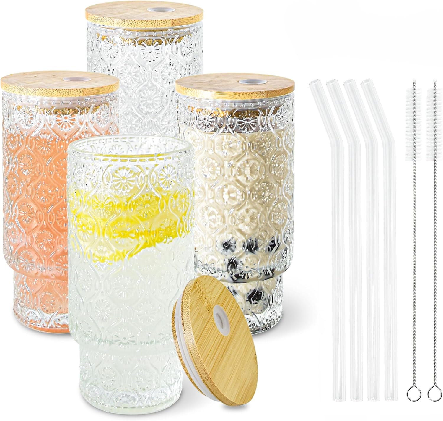 4 Pcs 11oz Drinking Glasses Cups Set with Bamboo Lids Straws Brush Small Embossed Glassware Set for Juice Iced Coffee Cocktail Whiskey(Begonia*4)
