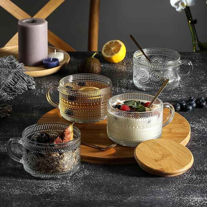 LANDNEOO 6 Pack 14oz Vintage Glass Coffee Mugs with Bamboo Lids and Spoons, Green Embossed Drinking Glasses for Iced Coffee, Tea, Latte