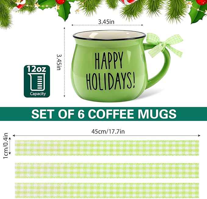 Sawysine Christmas Coffee Mugs Set of 6, 12 oz Ceramic Mug Gift Holiday Hot Cocoa for Family Mom Woman Friend Farmhouse(Evergreen Style)