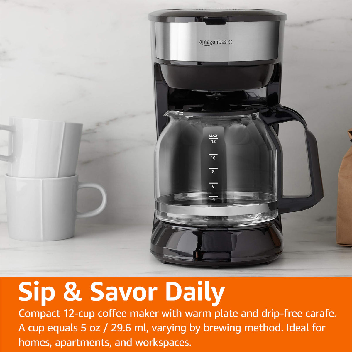 Black and stainless steel coffee maker side view