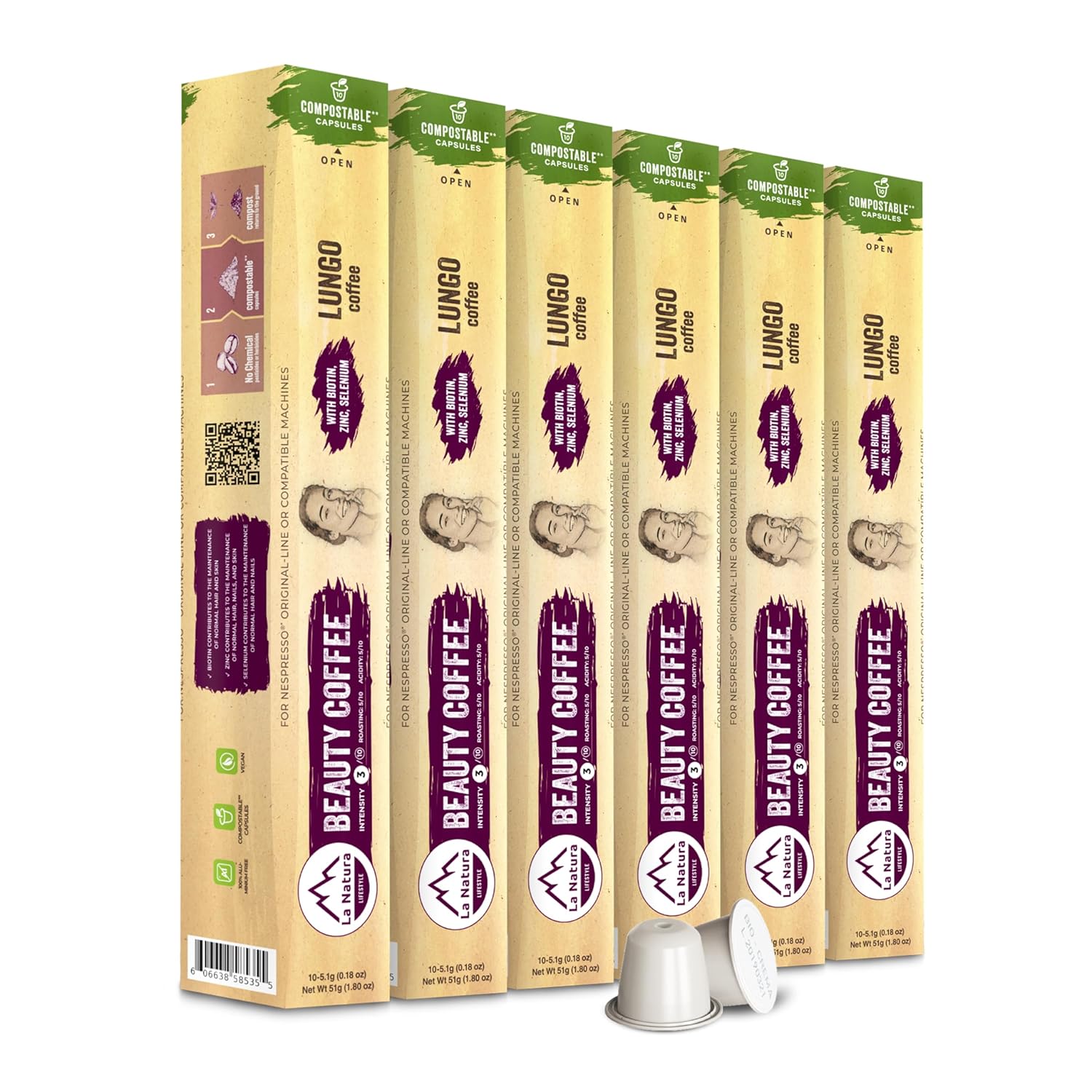 La Natura Lifestyle Beauty Coffee Pods - Lungo Roast European-Style with Biotin, Zinc & Selenium for Hair, Skin & Nails Health - Compostable Nespresso Original Line Compatible Capsules - Pack of 60 - Blissbrew