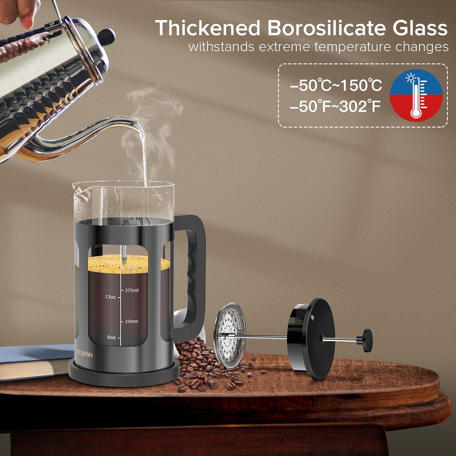 French Press Coffee Maker, French Press 304 Stainless Steel with 4 Filter, Heat Resistant Durable, Easy to Clean, Borosilicate Glass Coffee Press, 100% BPA Free Glass Teapot, 21 ounce, Dark Pewter - Blissbrew
