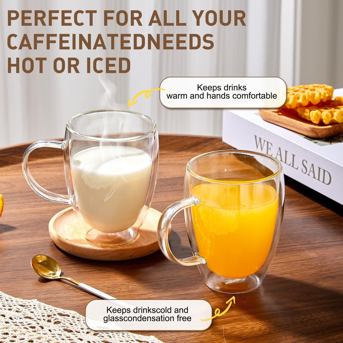 Glass coffee mug filled with a hot drink