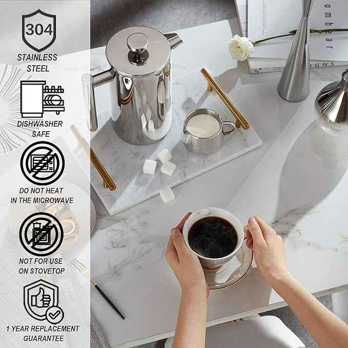 Small French Press Stainless Steel Coffee Maker 21oz(3 Cups), Double Wall Insulated for Hot& Cold Brew, Compact Coffee& Tea Press for Camping, Office, Travel with 3 Ultra-Fine Filters & Spoon- Silver