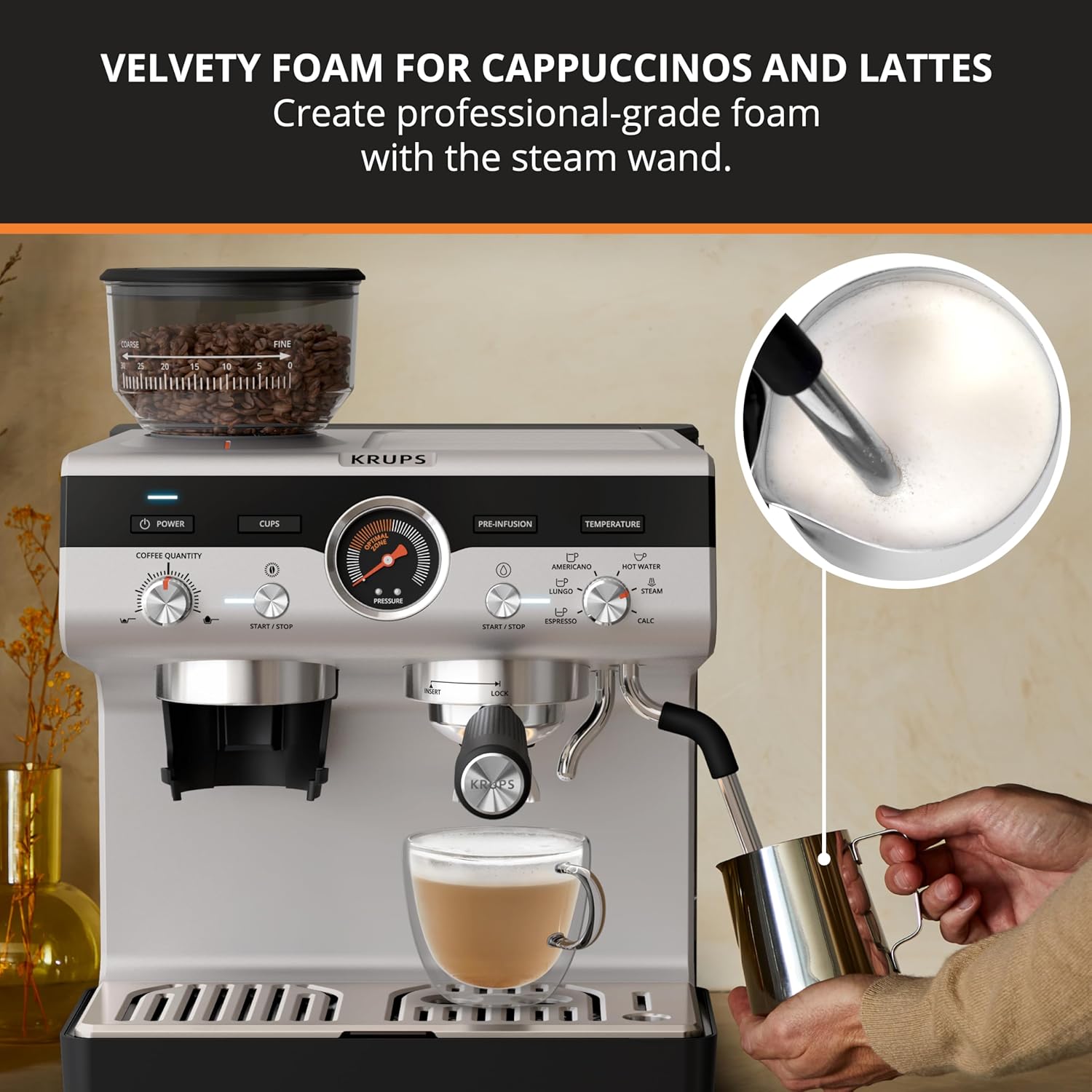 KRUPS Precision Espresso Coffee Machine with Grinder, Latte & Cappuccino Maker, Pump Pressure + Milk Frother Steam Wand, Adjustable Grind Settings for Barista-Quality Results, Stainless Steel & Black - Blissbrew