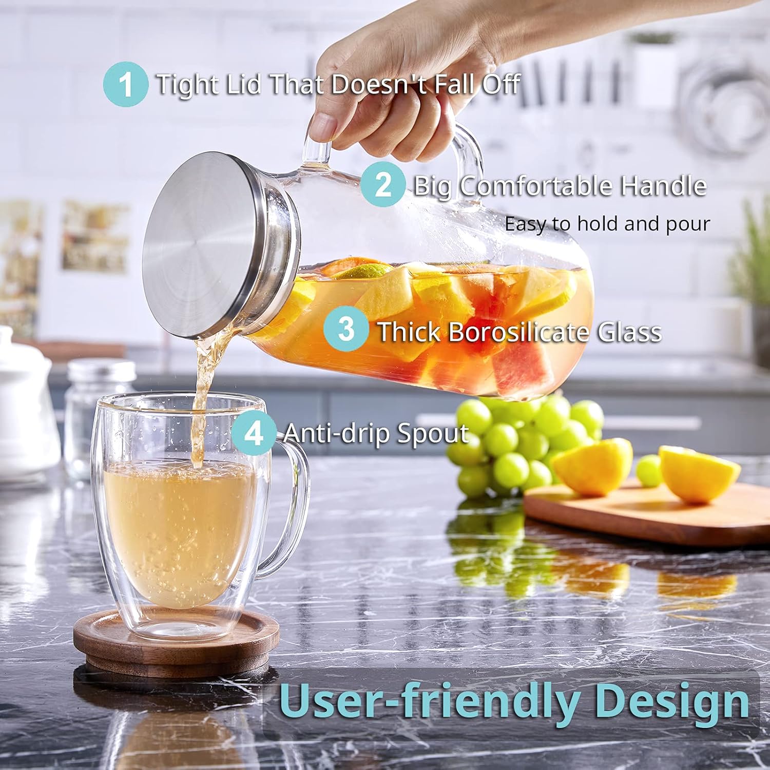 2 Pack 1.2 Liter 40 oz Small Glass Pitcher with Lid and Spout, Glass Carafe Water Pitcher for Hot/Cold Water, Iced Tea, Drinks, Coffee, Juice and Homemade Beverage