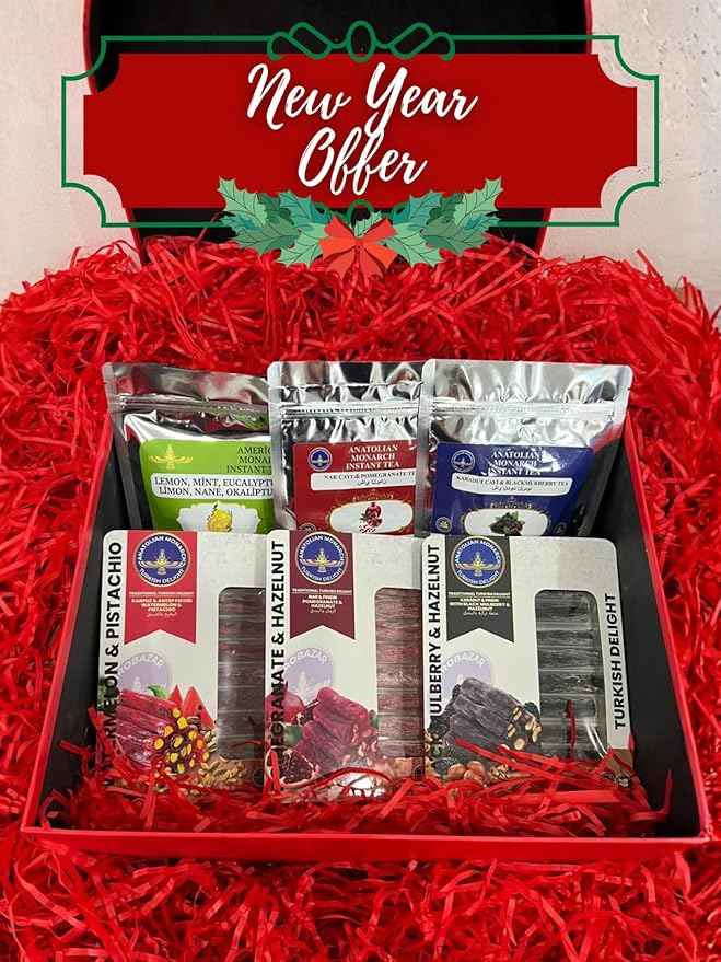 Herbal Tea Gift Box with Free French Press, New Year Gift Set, Mixed Herbal Teas, Coffee and Lokum Options (Set 2 Tea Lokum Set)