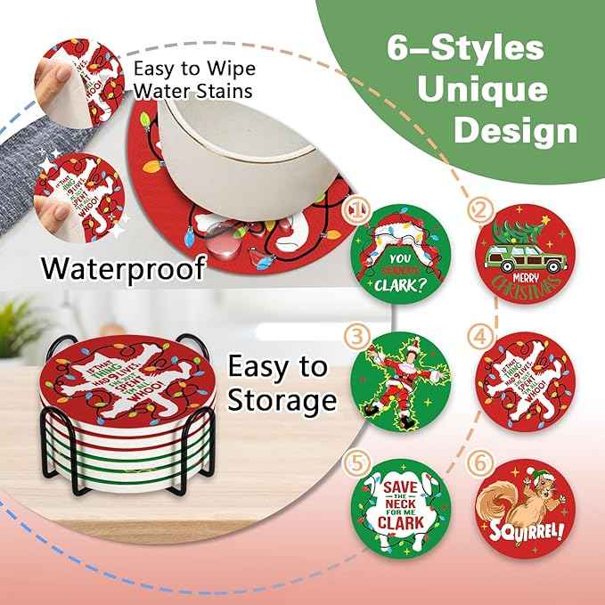 Christmas Vacation Drink Coasters with Holder Set of 6, Xmas Classic Movie Absorbent Ceramic Cup Mat for Coffee Table Protection, 4 Inch Funny Holiday Home Kitchen Decor Housewarming Gifts