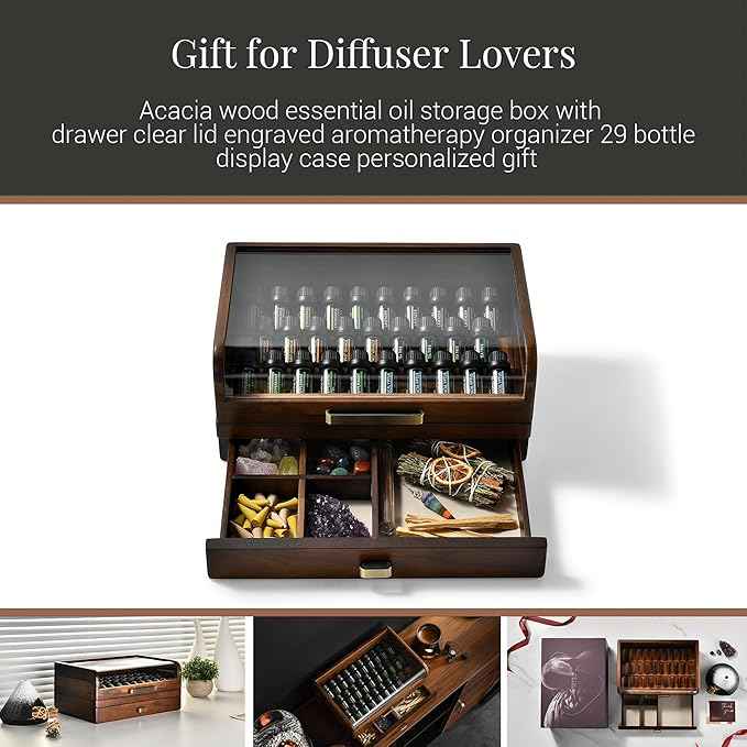 Shanik Acacia Wood Essential Oil Storage Box with Drawer & Clear Lid – Engraved Aromatherapy Organizer, 29 Bottle Display Case, Personalized Wooden Essential Oil Holder Gift for Women & Men