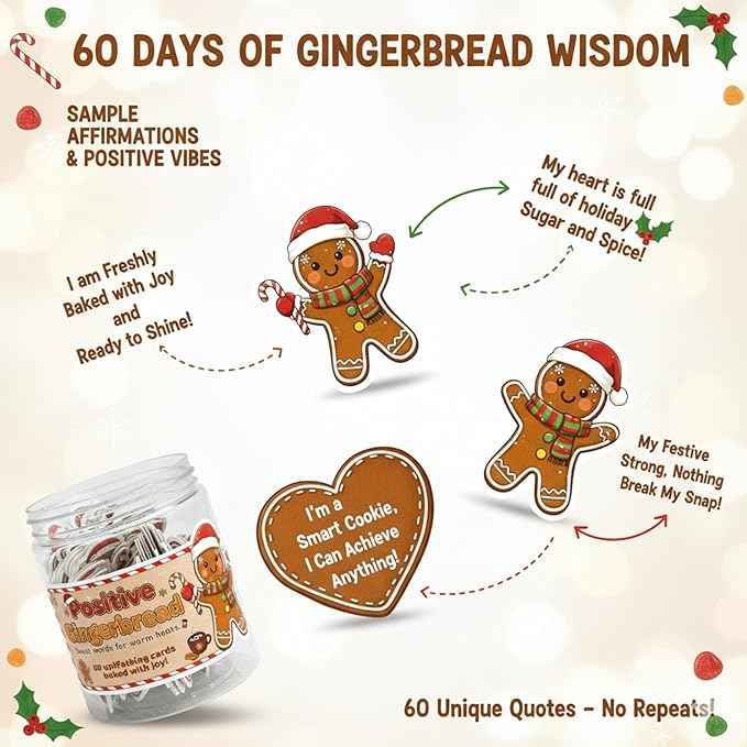 Positive Gingerbread Christmas Jar with 60 Affirmation Cards, Emotional Support Gingerbread Holiday Gift, Cute Gingerbread Decor, Christmas Gingerbread Gifts for Women, Men, Teens, Teachers
