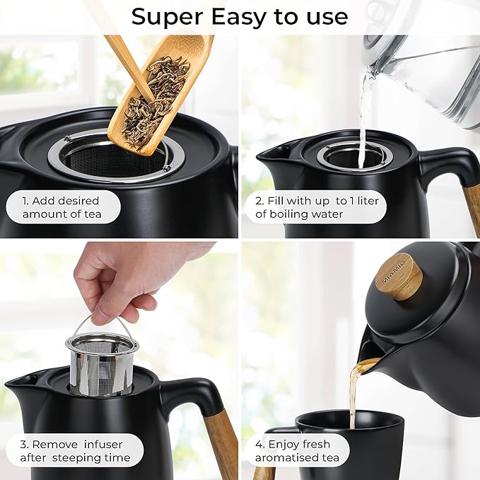 MIAMIO - Teapot Set with Warmer / 34 oz Tea Kettle with Infuser for Steeping Loose Tea Leaves - Gift for Women/Tea Lovers (Black)