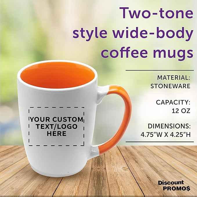 DISCOUNT PROMOS Custom Java Two-Tone Coffee Mugs 12 oz Set of 10/50/100 Personalized Bulk Pack for Coffee Tea Espresso Hot Cocoa Other Beverages - Orange