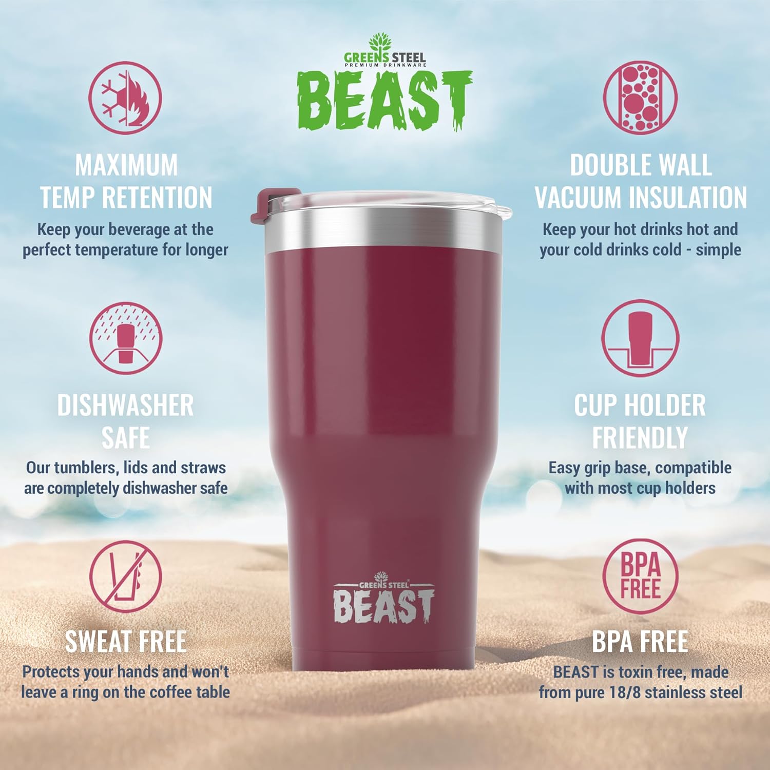 Beast 40 oz Tumbler Stainless Steel Vacuum Insulated Coffee Ice Cup Double Wall Travel Flask (Cranberry Red)