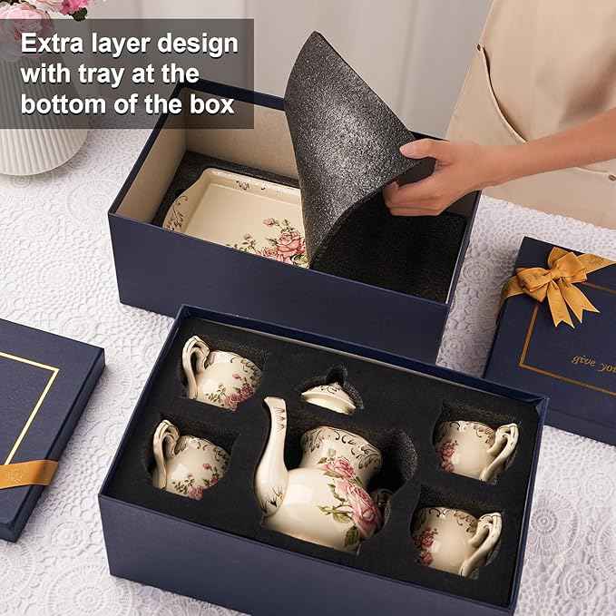 YOLIFE Porcelain Tea Set Vintage Rose, Tea Cups with Teapot, Serving Tray and Teaspoon Service for 4, Suitable for Tea Party Gifts
