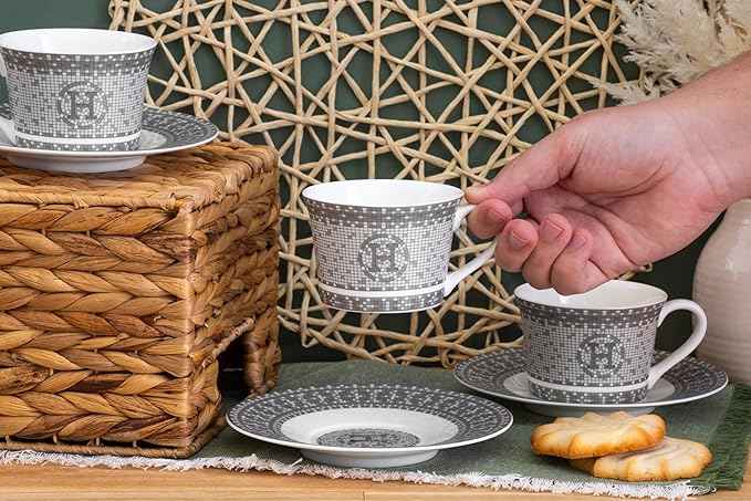 Porcelain Tea Set for 6 - Cups (6 oz) and Saucers - 12 Piece Tea Party Set for Black Tea, Cappuccino or Decor - Gorgeous Mosaic Design with Silver Accents - For All Occasions (12 Piece Set)