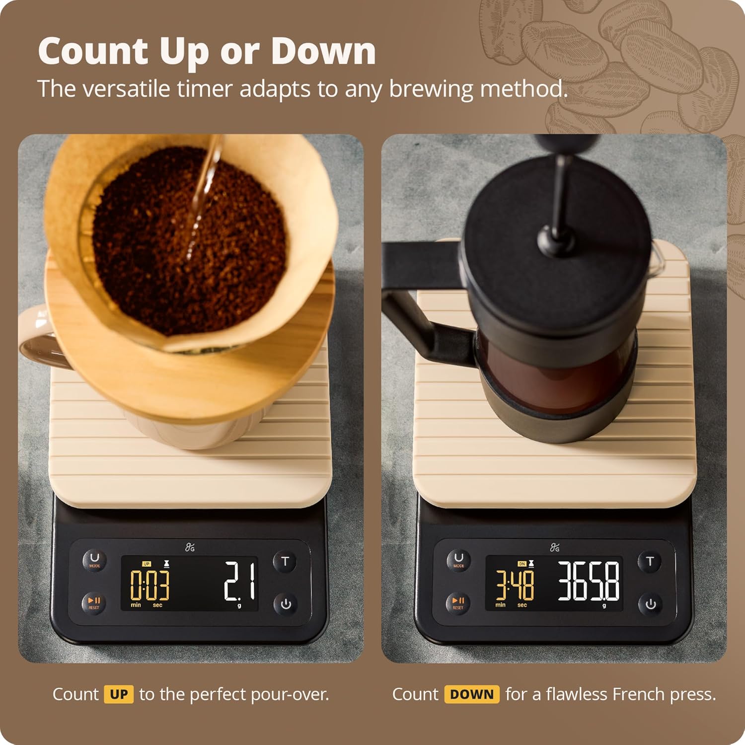 Greater Goods 0.1g Precision Coffee Scale with Timer – 3kg Digital Scale for Pour-Over, Espresso, French Press, Kitchen Use (Birch) - Blissbrew