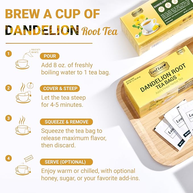 LeafLea Dandelion Root Tea Bags, 240 Count, Natural Dandelion Herbal Tea Blend, Natural Dried Dandelion Root, Caffeine-Free, Sugar-Free, Vegan, Sealed for Fresh Flavor, Pack of 6