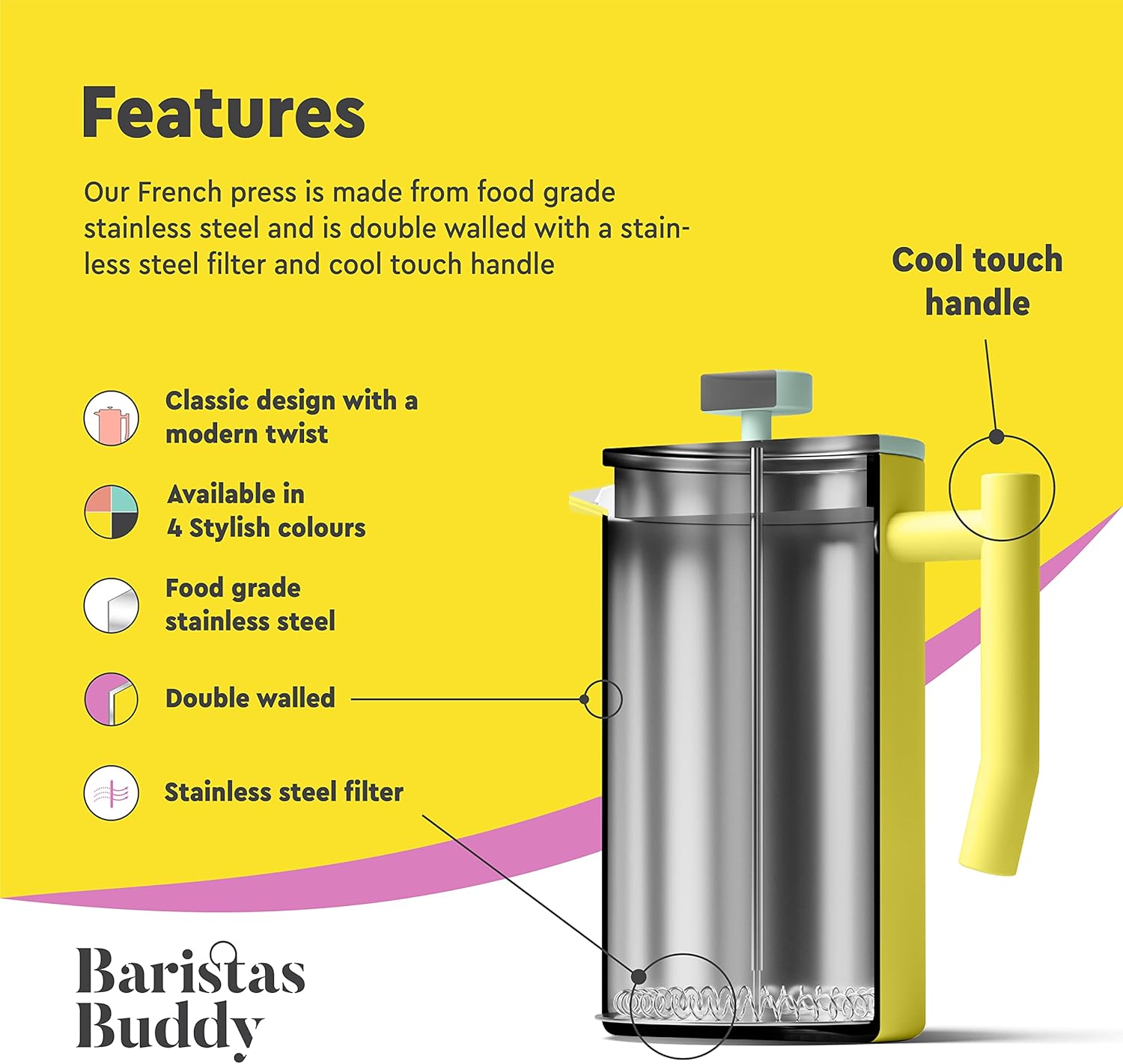 Yellow French Press Coffee Maker - Colorful, Retro And Stylish Insulated Coffee Brewer - Large Size Brews 4 Cups - Blissbrew