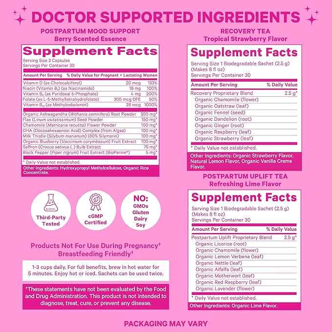 Pink Stork Postpartum Essentials Kit – Hormone Balance, Recovery & Mood Support for New Moms – Postnatal Vitamins Ashwagandha + Herbal Teas for Stress Relief, Energy, Sleep – Gift Set – Vegan, Organic