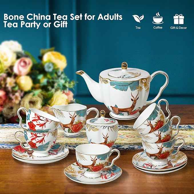 ACMLIFE Tea Cups and Saucers for 1, Bone China Teacup Set for Adults with Gold Trim and Gift Box, Deer Chinese English British Wedding Tea Set for One Coffee Cup Set 6.8 oz (Red-Deer)