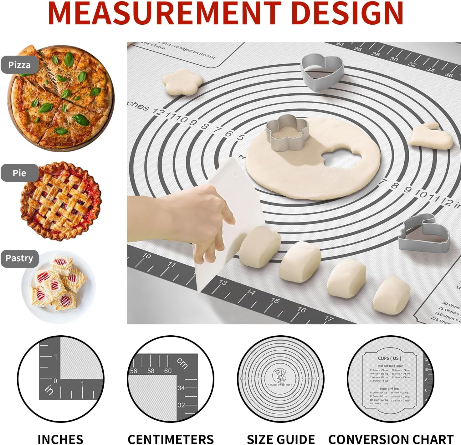 Silicone Baking Mat with Measurement, Non Stick Siliocne Pastrty Mat for Dough Rolling, Making Cookies, Macarons, Bread, Cake and Candy Reusable Fondant Mat Baking Supplies