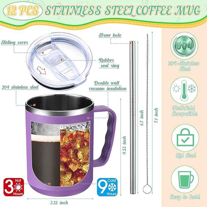12 Sets Employee Appreciation Coffee Mug Gift 17oz Insulated Stainless Steel Tumbler with Handle and Keychains Thank You Gift for Coworkers Teacher