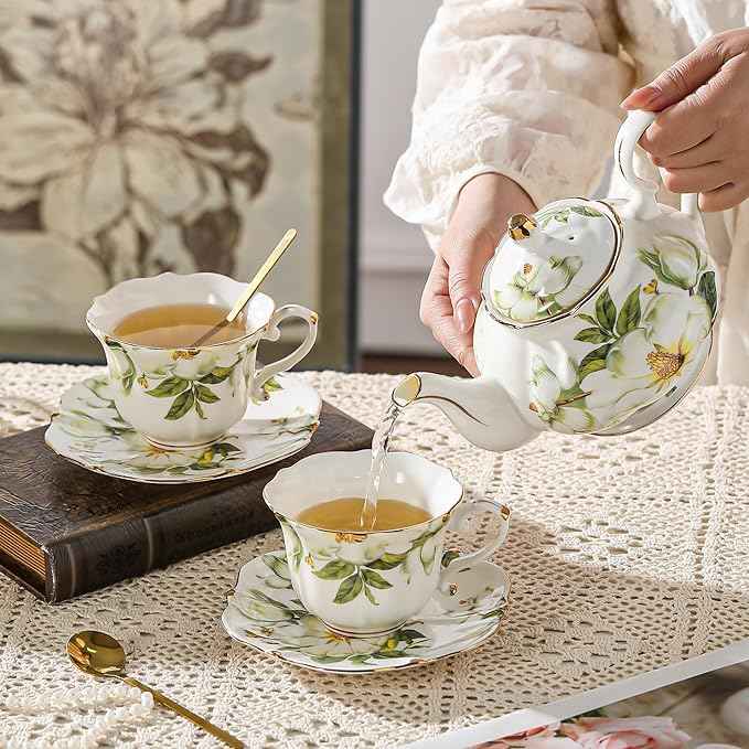 TATSUMI Country Roses Porcelain Tea Set, European Ceramic tea set for one or two,Vintage Style, For Women and Tea Parties (Green, 7 Pieces Set)